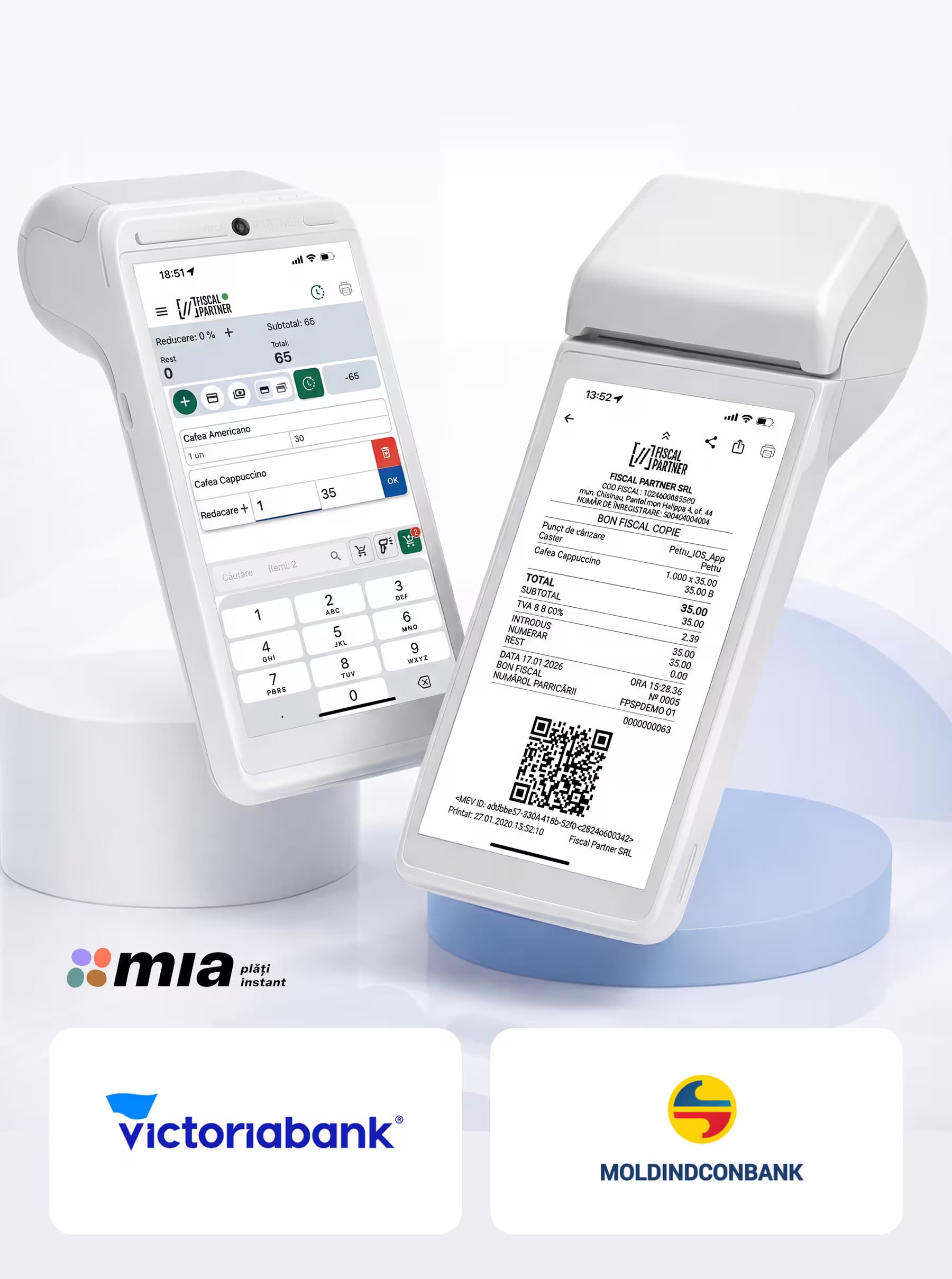 Платежи MIA, банковской картой и наличными с автоматической фискализацией в едином процессе.