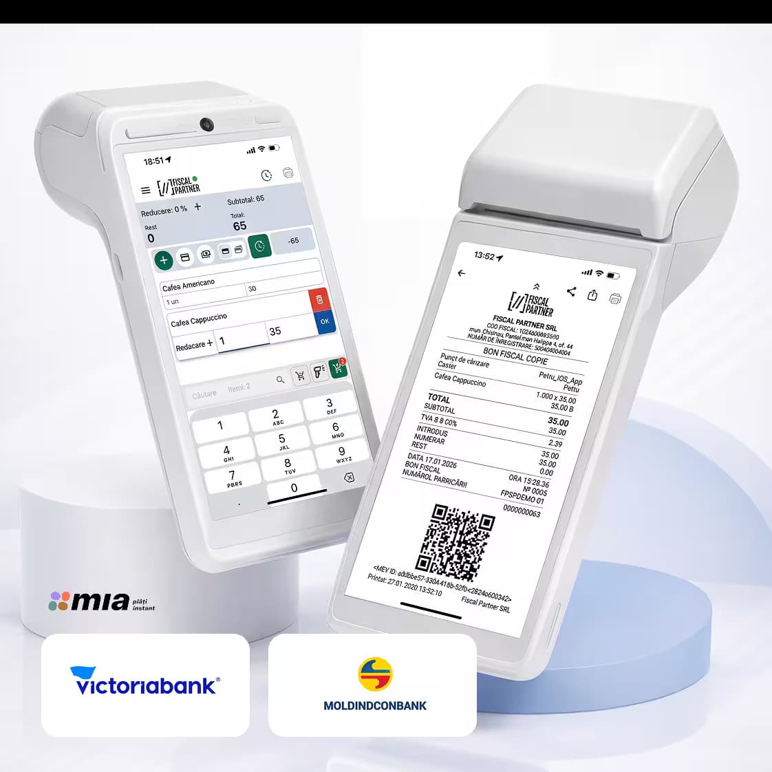 Платежи MIA, банковской картой и наличными с автоматической фискализацией в едином процессе.
